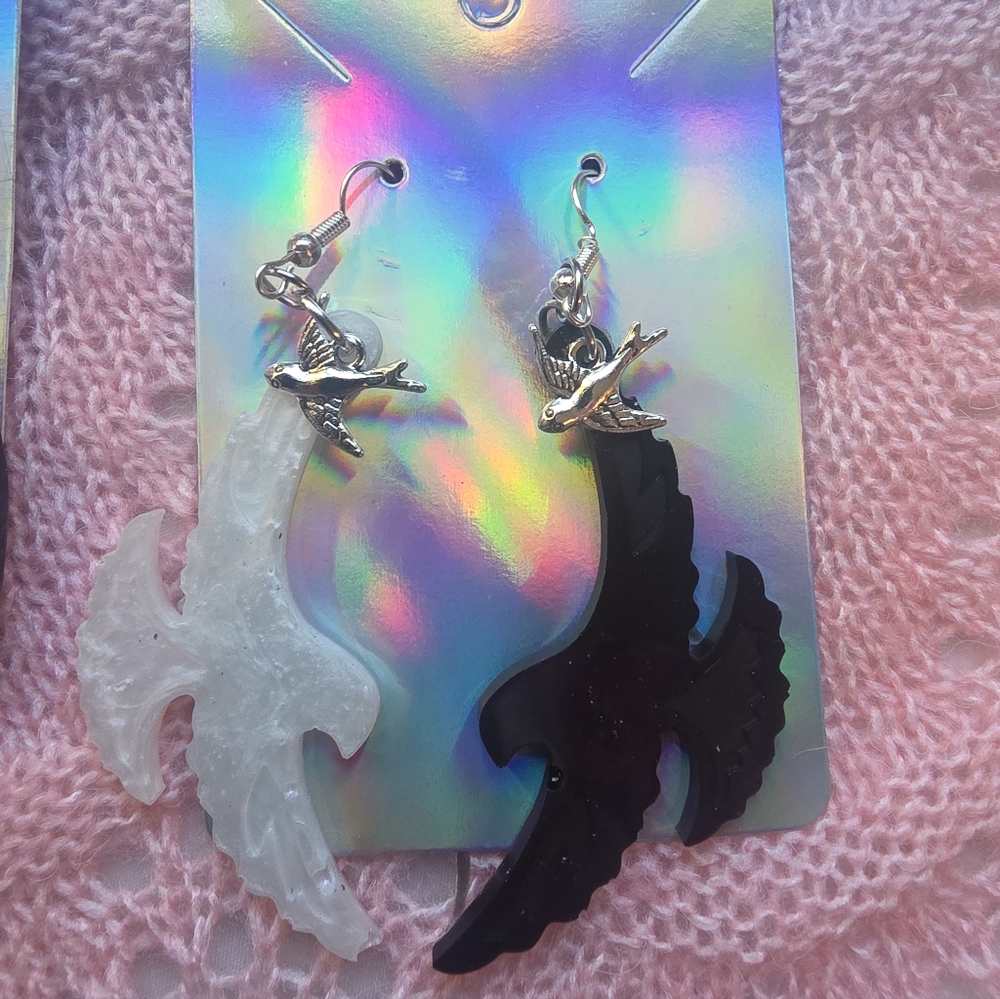Resin Back And White Bird Earrings With Bird Alloy Charm Stainless Steel Fixings